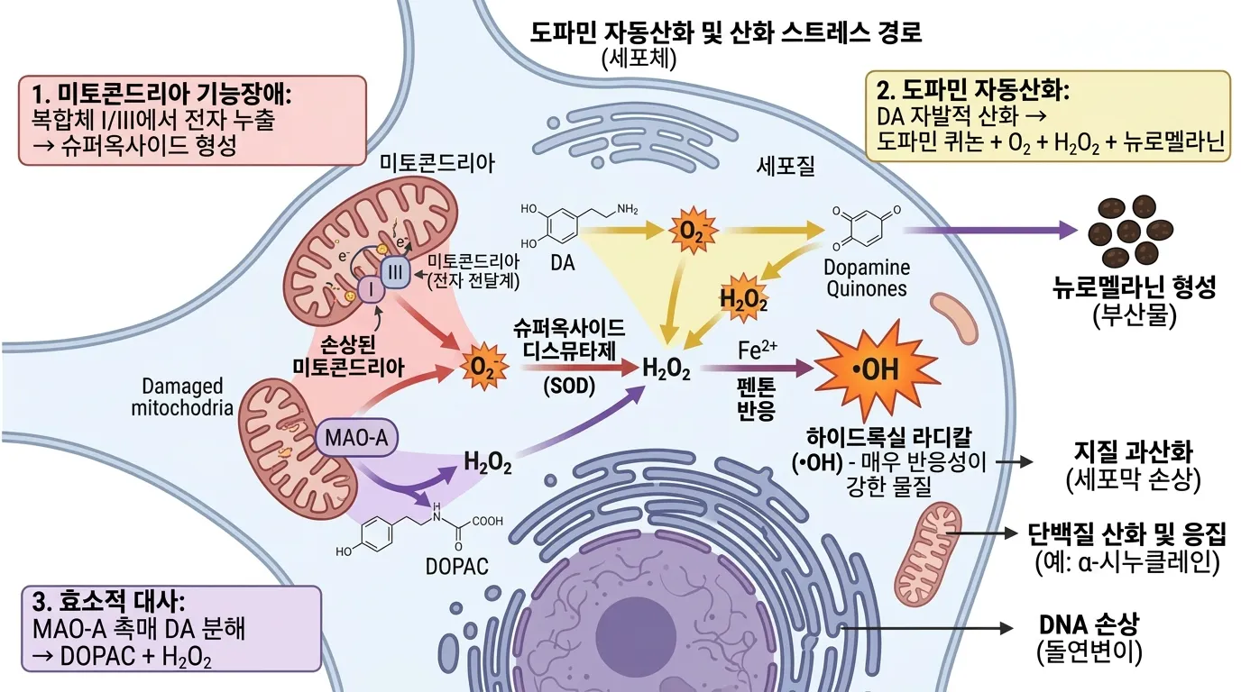 도파민 자동산화 및 산화 스트레스 경로